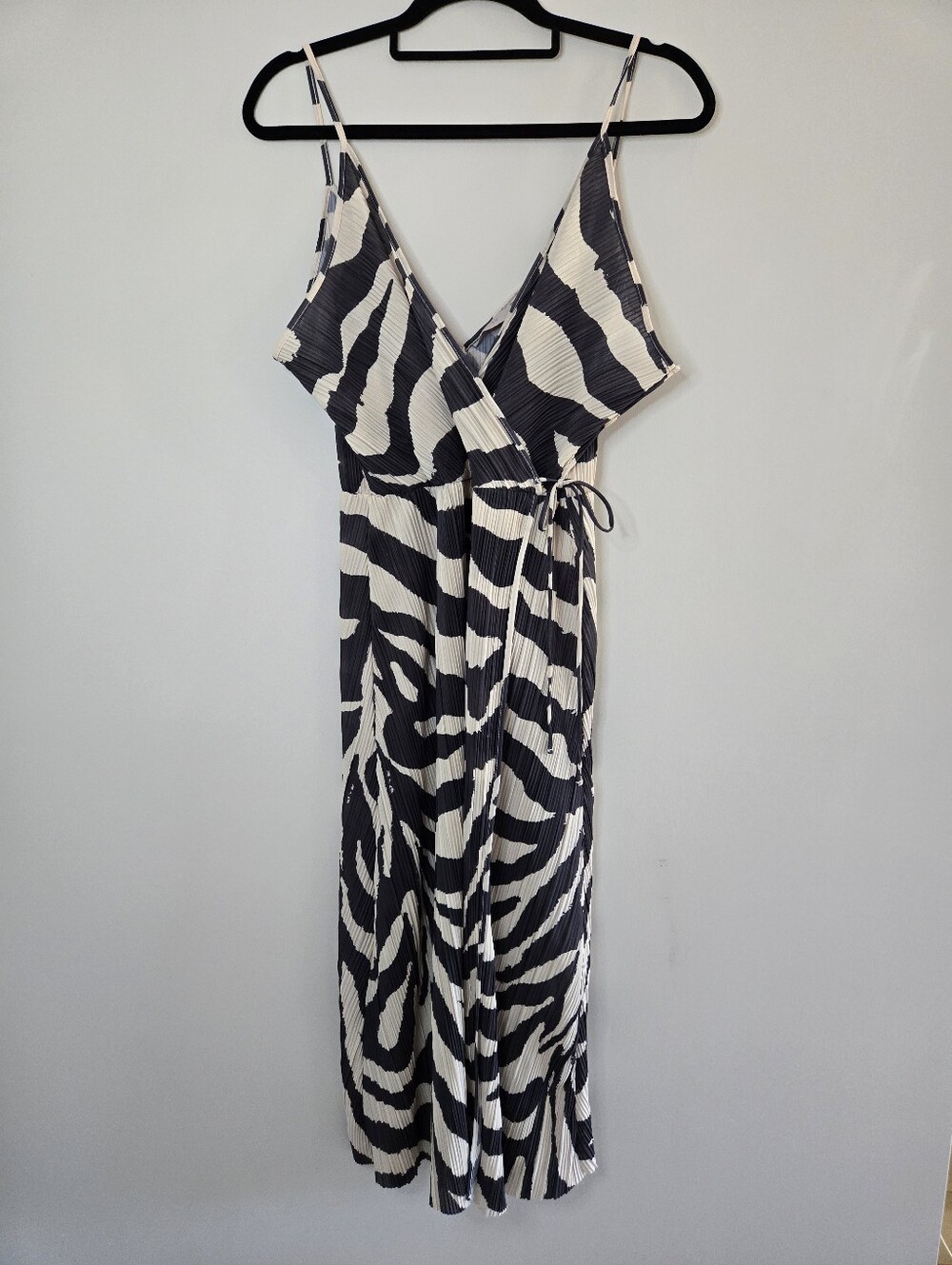 H&M Dark Grey & Cream Zebra-Print Pleated Wrap Midi Dress - New